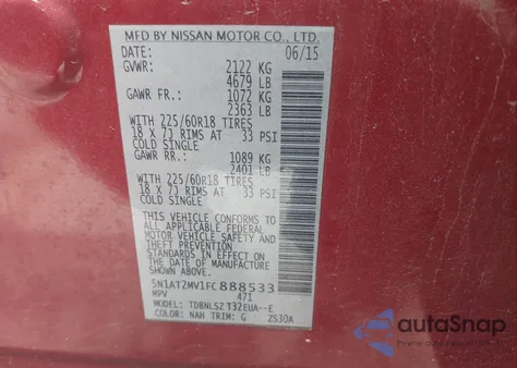 2015 Nissan Rogue Sl from USA, damaged, VIN 5N1AT2MV1FC888533